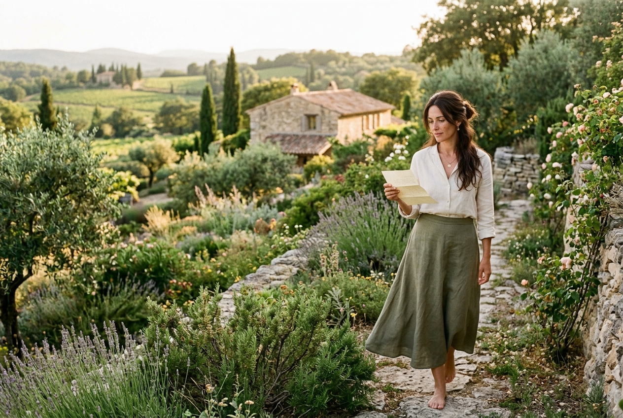 Inès Vaurelle dans son jardin provençal, lisant une lettre de voyance